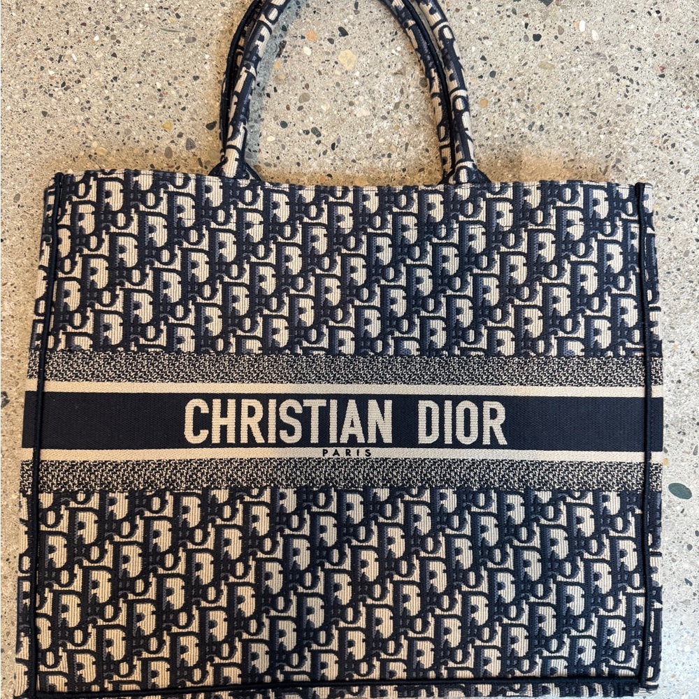 Dior Navy and Beige Monogram Large Book Tote